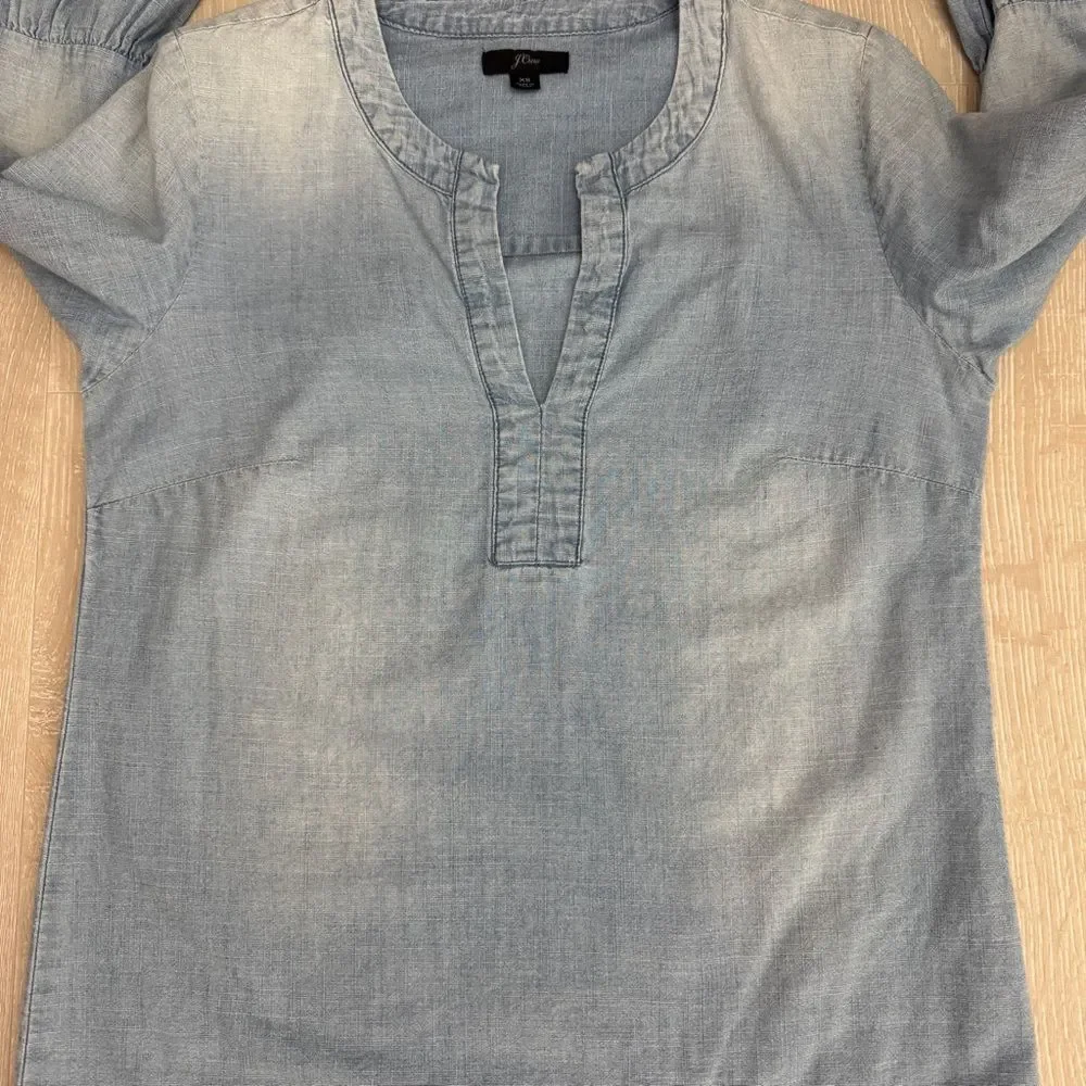 J. Crew Top Chambray Split Neck Long Bell Sleeve Blouse Size XS